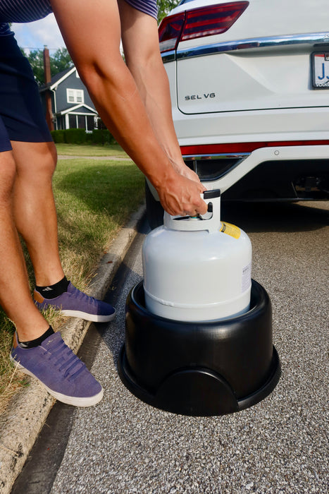 Propane tank secured with TankStow stabilizer for maximum safety and stability.